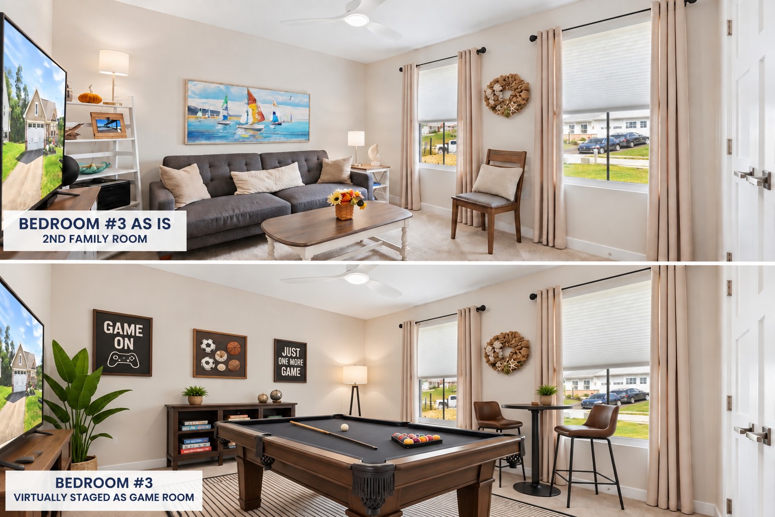 Bedroom three shown as sitting room and game room